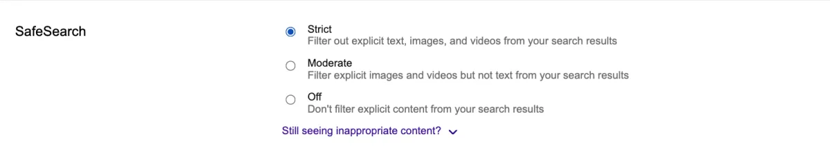 Bing search settings with SafeSearch set to Strict: Strict, Moderate, and Off.