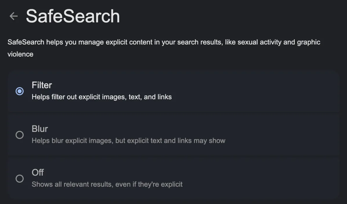 Google SafeSearch settings page with Filter selected: Filter, Blur, and Off.