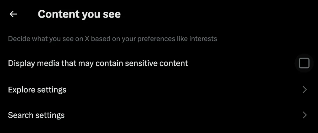 X settings, Content you see, with "Display media that may contain sensitive content" unchecked.