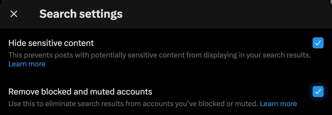 X Search settings with Hide sensitive content and Remove blocked and muted accounts both checked.