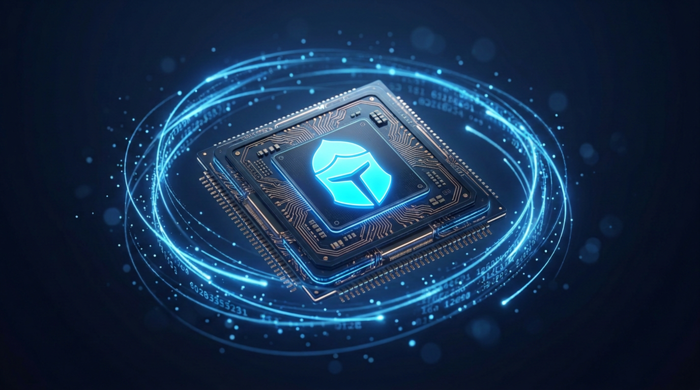 On-device AI chip with On Guard helmet logo glowing at its core